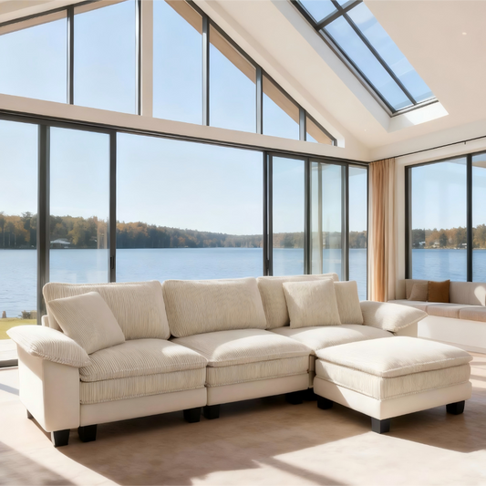 Beige sectional sofa with ottoman in a room with large windows overlooking a lake.