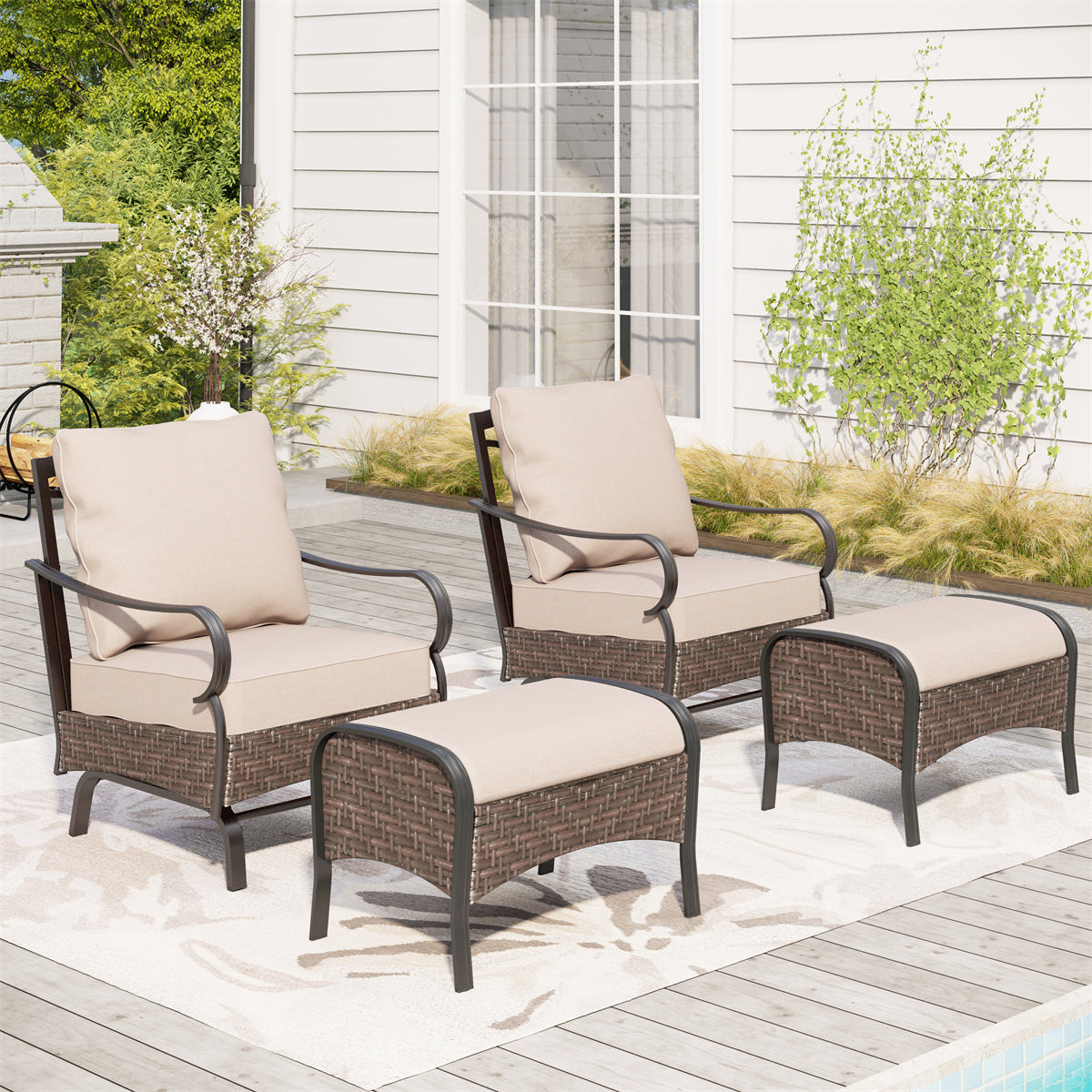 Phi Villa 2-Seater Rattan-steel Cushioned Outdoor Conversation Set with Ottomans