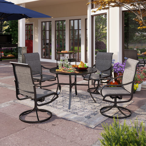 5-Piece Padded Textilene Swivel Chairs & Geometrically Stamped Round Table Patio Dining Set