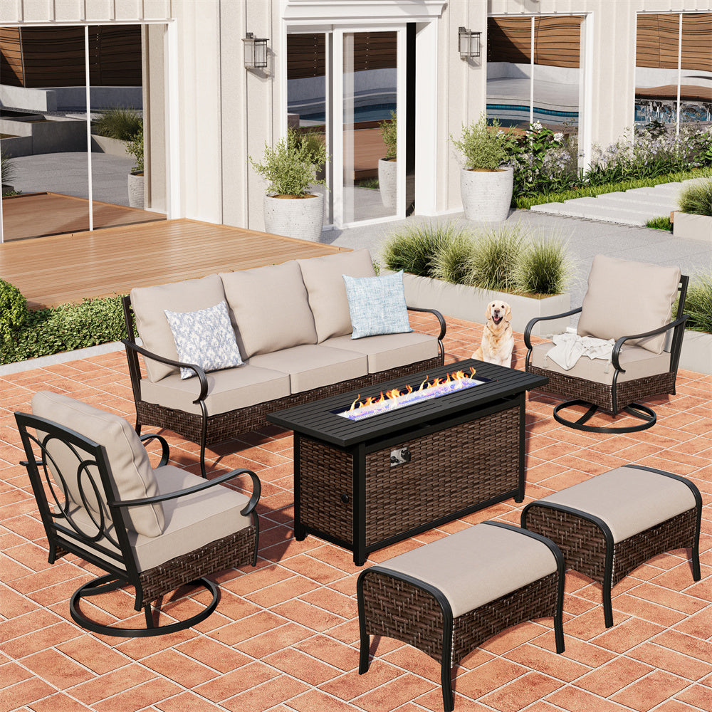 Sophia & William 7-Seater Rattan-steel Luxurious Outdoor Sofa Set with 56" Fire Pit Table
