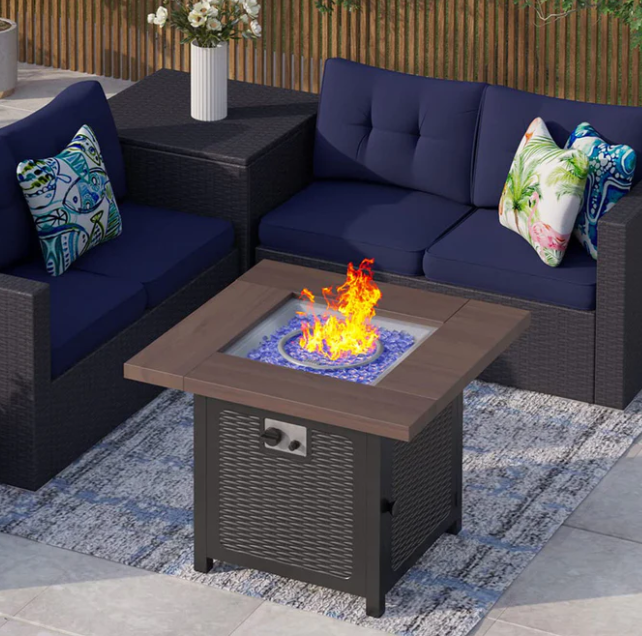PHI VILLA 50,000 BTU Wood-like Metal Steel Gas Fire Pit Table with Cover