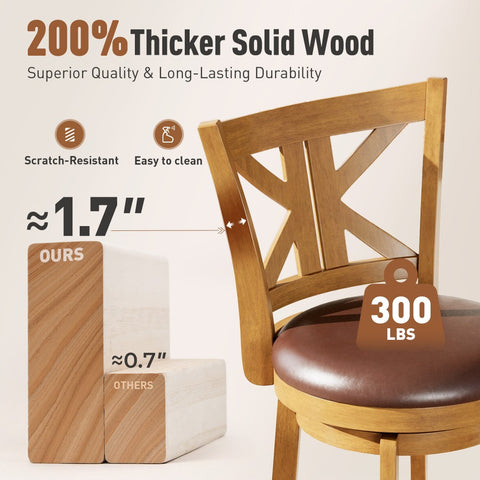 PHI VILLA 360° Swivel Farmhouse Wood Bar Stools with Patented K-Shaped Back