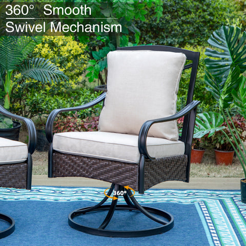 Sophia & William 9-Piece Large Teak-grain Square Table & Rattan-Steel Cushioned Swivel Chairs