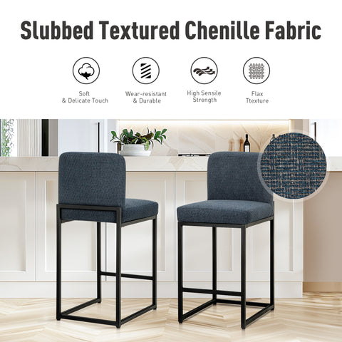 PHI VILLA 24 Inch Counter Height Bar Stool Chenille Upholstered with Backrest- Set of 4