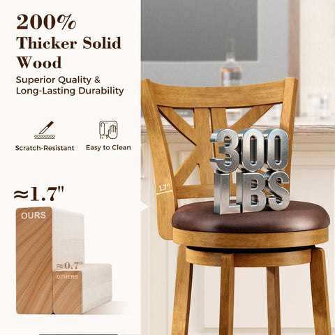 PHI VILLA 360° Swivel Farmhouse Wood Bar Stools with Patented K-Shaped Back