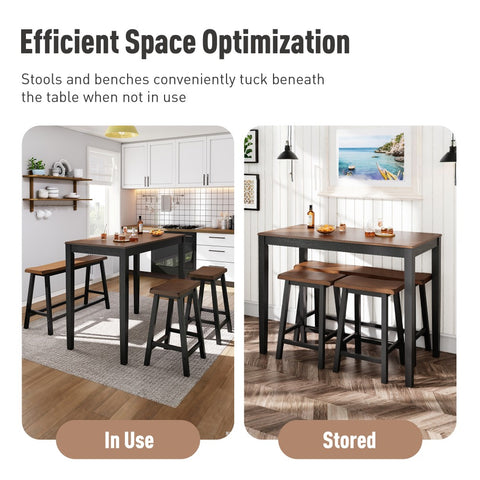 PHI VILLA 4-Piece Solid Wood Bar Table Set with Saddle Stools and Bench