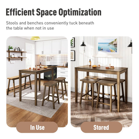 PHI VILLA 4-Piece Solid Wood Bar Table Set with Saddle Stools and Bench