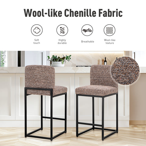 PHI VILLA 24 Inch Counter Height Bar Stool Chenille Upholstered with Backrest- Set of 4