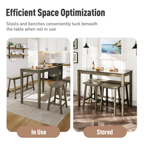 PHI VILLA 4-Piece Solid Wood Bar Table Set with Saddle Stools and Bench