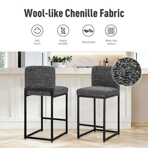 PHI VILLA 24 Inch Counter Height Bar Stool Chenille Upholstered with Backrest- Set of 4