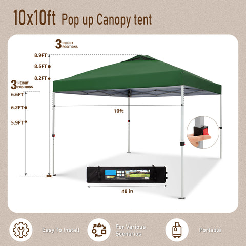 PHI VILLA 10'x10' Pop-up Canopy Tent with 3 Adjustable Height and Roller Bag