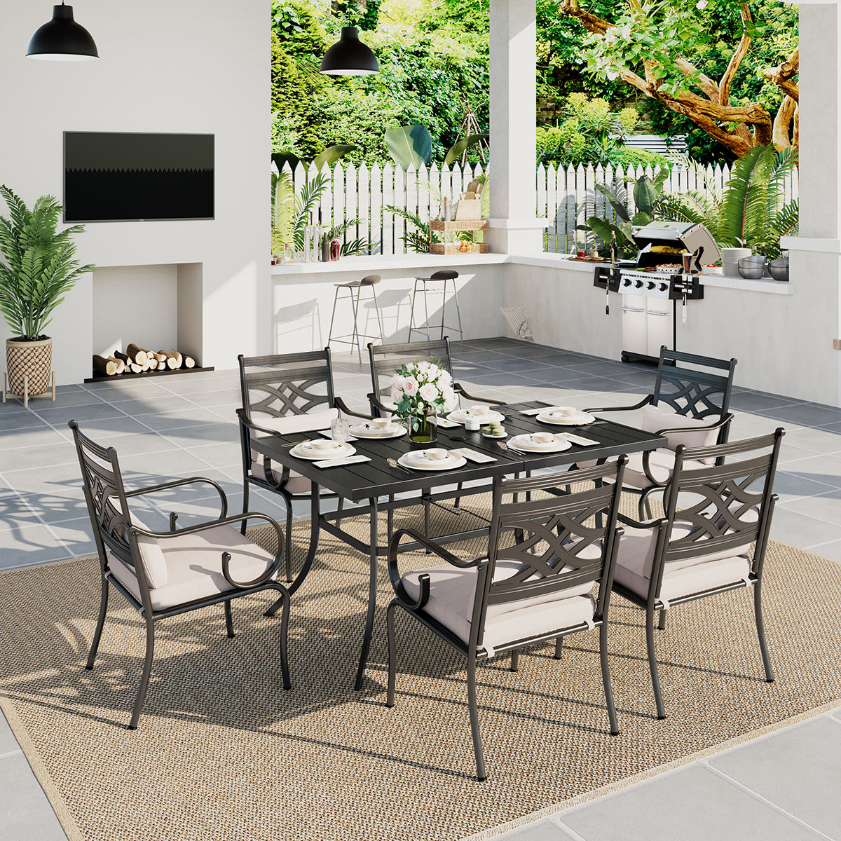 MFSTUDIO 7-Piece Outdoor Dining Set Steel Panel Table & Elegant Cast Iron Pattern Dining Chairs