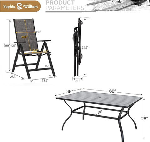 Sophia & William 7PC Steel Panel Rectangle Table & 6 Textilene Reclining Foldable Chairs Patio Outdoor Dining Set