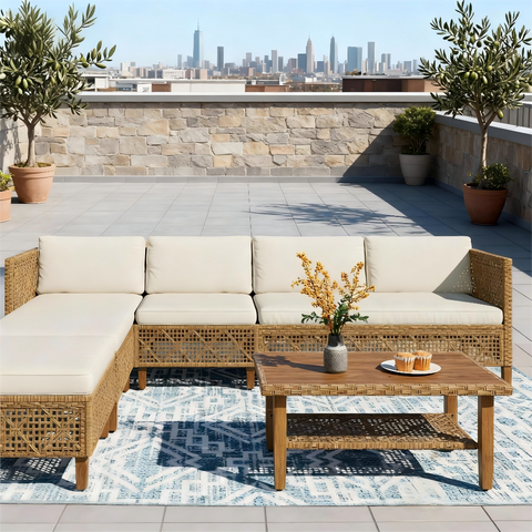Boho Style Outdoor Wicker Conversation Sofa set with Acacia Wood Coffee Table - Sophia & William