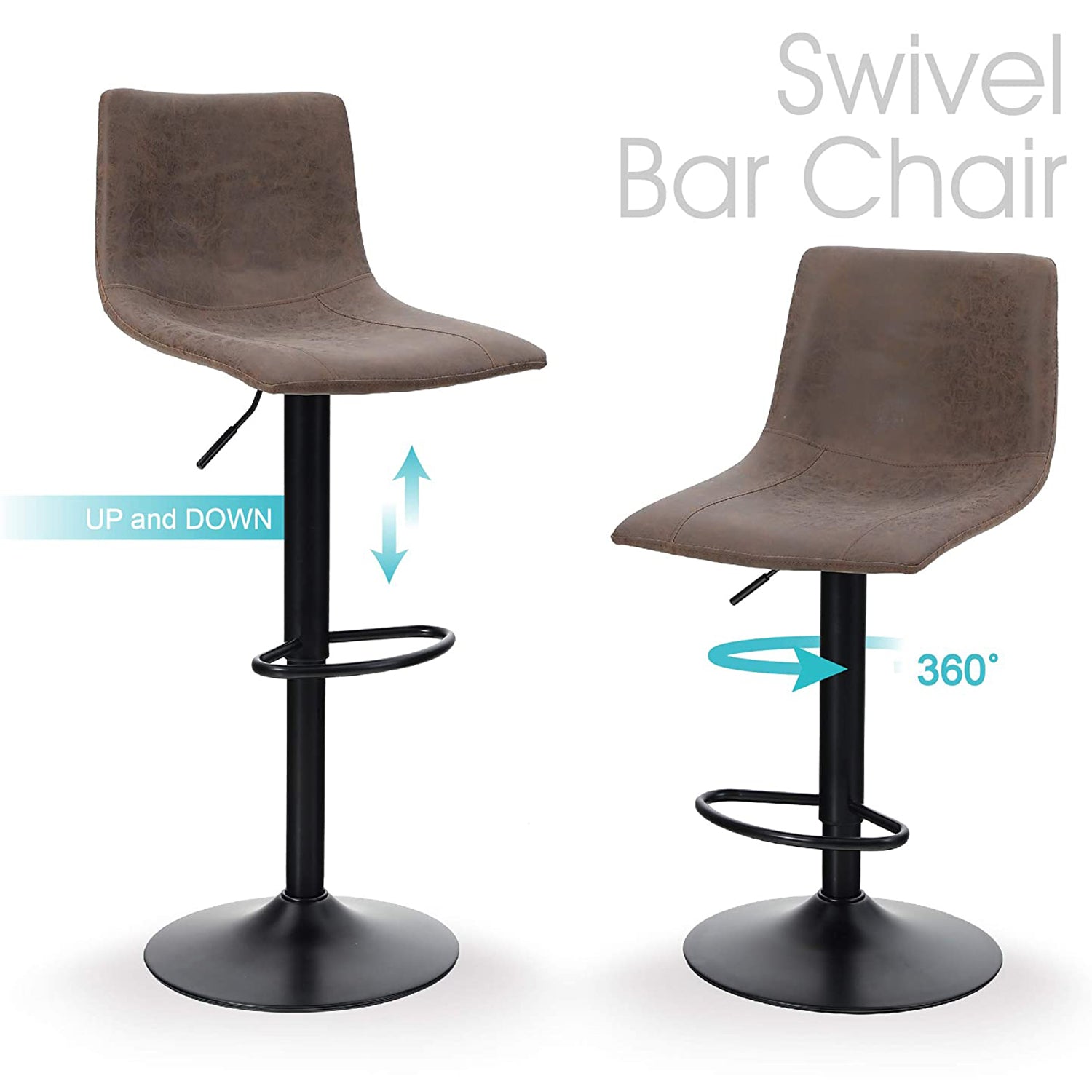 PHI VILLA Square Adjustable Height Leather and Metal Swivel Bar Stools