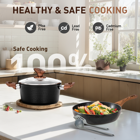 Kitchen Academy 15 Pieces Induction Black Hammered Finish Nonstick Pots and Pans Set