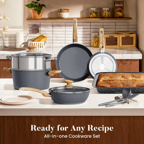 Induction Nonstick Granite-Coating 17 Piece Cookware Set,Kitchen Academy