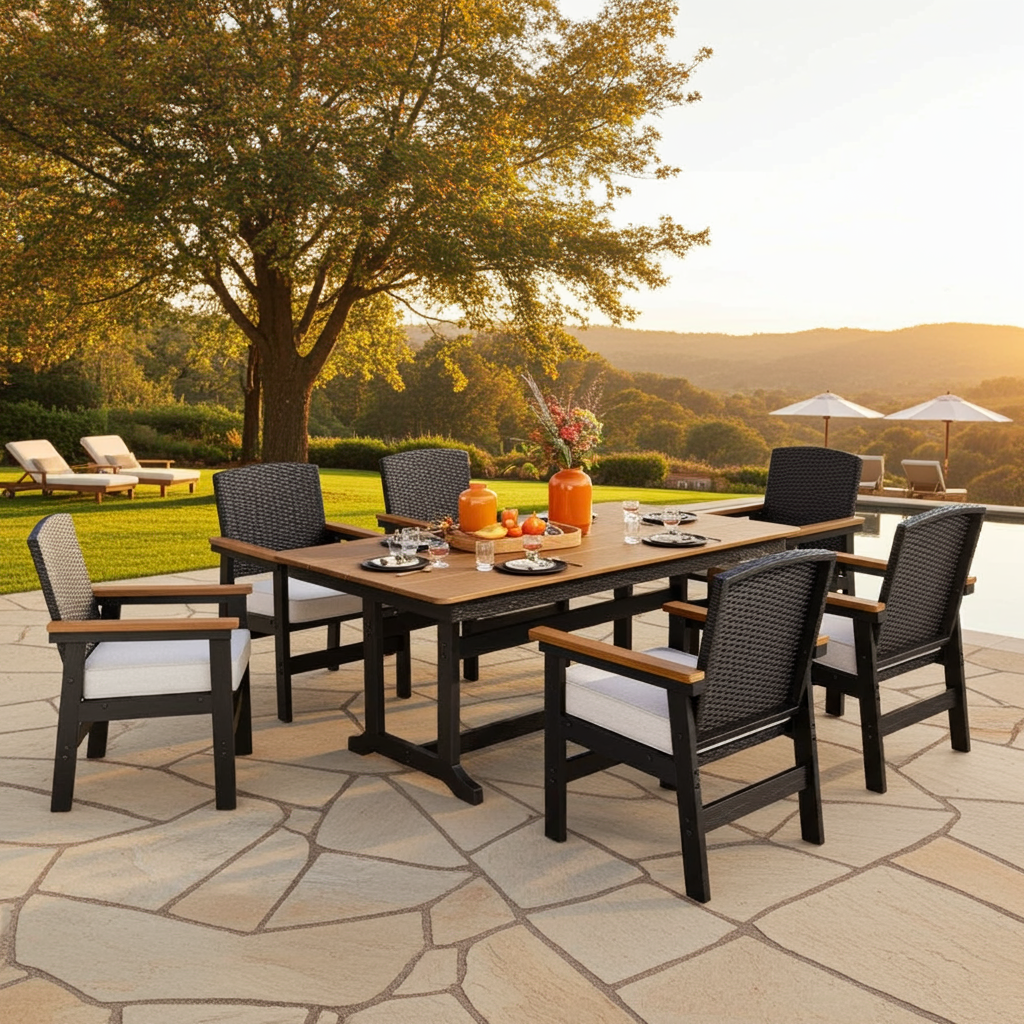 PHIVILLA 7-Piece Outdoor Dining Set with HDPE Rattan Chair and Wood-grain Table