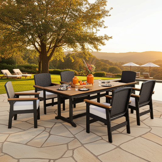 PHIVILLA 7-Piece Outdoor Dining Set with HDPE Rattan Chair and Wood-grain Table