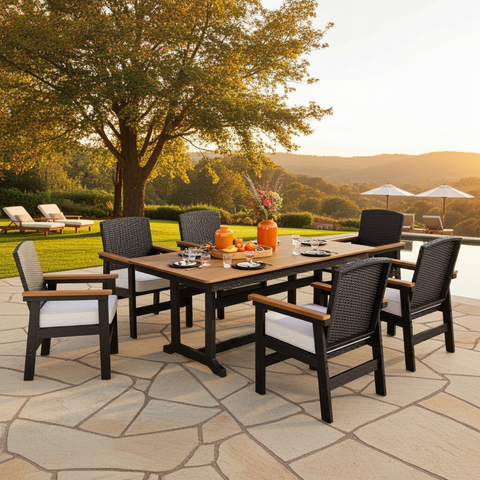 PHIVILLA 7-Piece Outdoor Dining Set with HDPE Rattan Chair and Wood-grain Table