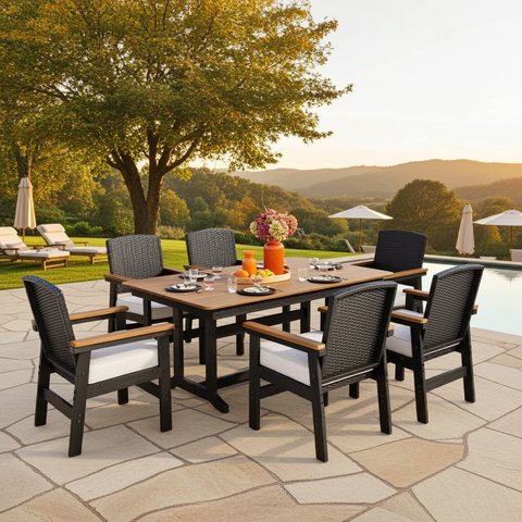 PHIVILLA 7-Piece Outdoor Dining Set with HDPE Rattan Chair and Wood-grain Table