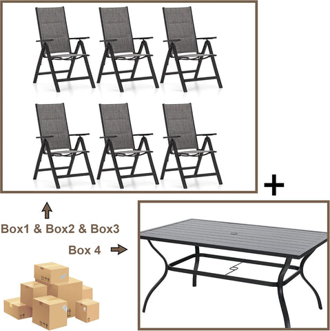 Sophia & William 7PC Steel Panel Rectangle Table & 6 Textilene Reclining Foldable Chairs Patio Outdoor Dining Set