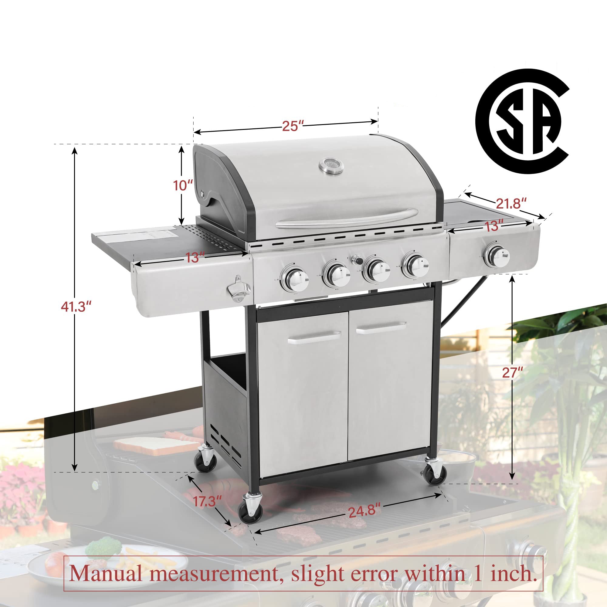 Captiva Designs Outdoor Patio Propane Gas BBQ Grill with 4 Burners & an Extra Side Burner