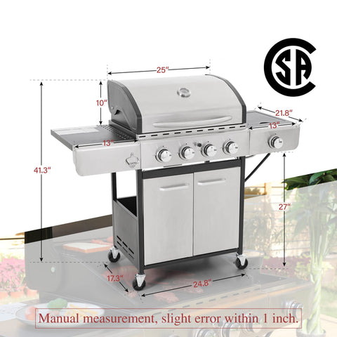 Captiva Designs Outdoor Propane Gas BBQ Grill with 4 Burners & an Extra Side Burner