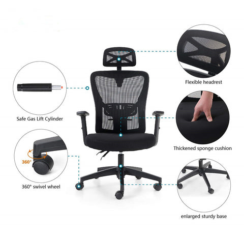 Phi Villa Adjustable Mesh Swivel Office Chair with Headrest and Lumbar Support