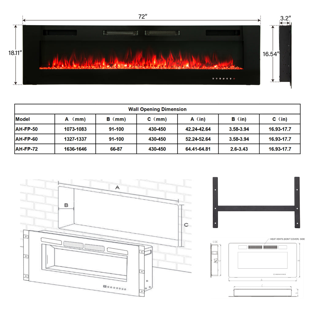 72" Ultrathin Insert Wall Mounted Electric Fireplace, 750/1500WPHI