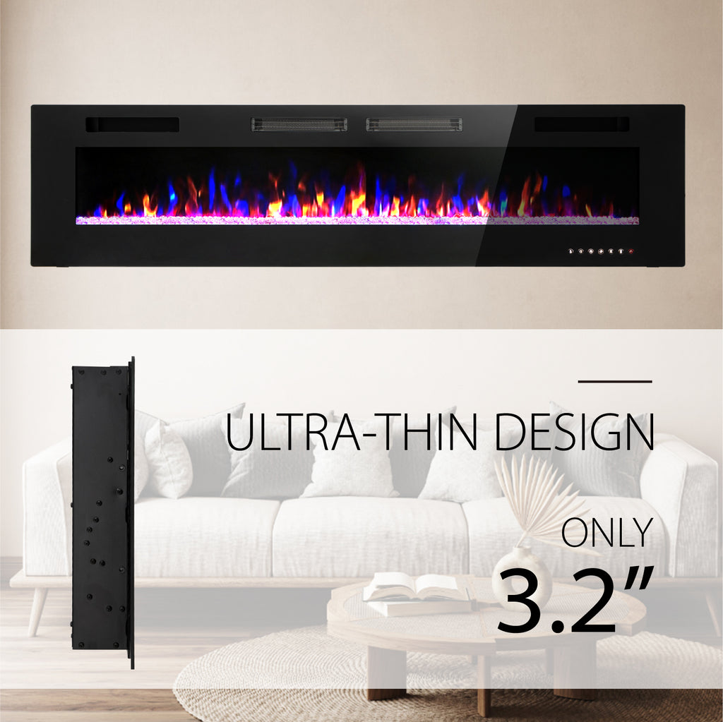 72" Ultrathin Insert Wall Mounted Electric Fireplace, 750/1500WPHI