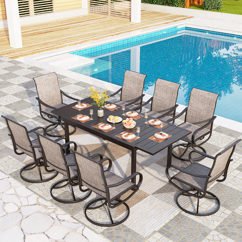 PHI VILLA 9/7-Piece Adjustable Table + Textilene Swivel Chairs Patio Dining Set