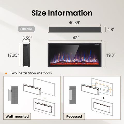 Premium Wall Mounted & Recessed Electric Fireplace with Remote Control - Sophia & William