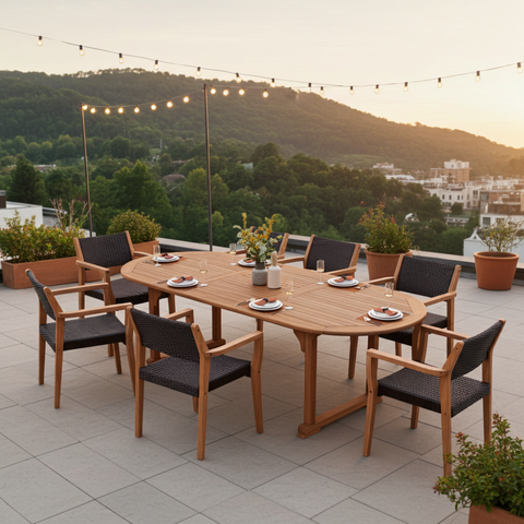 7/9 Piece Outdoor Acacia Wood Dining Set with Extendable Table and Rattan Chairs – PHI VILLA