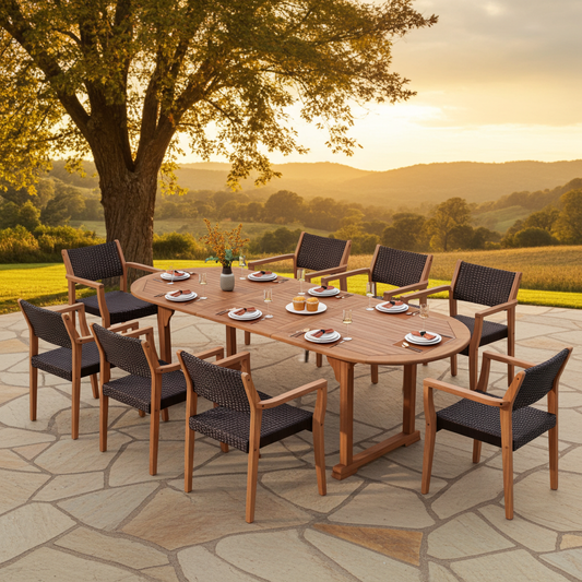 7/9 Piece Outdoor Acacia Wood Dining Set with Extendable Table and Rattan Chairs – PHI VILLA