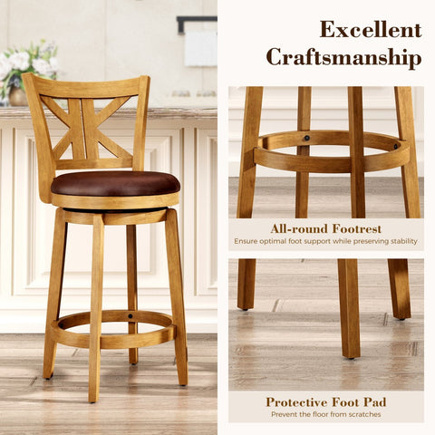 PHI VILLA 360° Swivel Farmhouse Wood Bar Stools with Patented K-Shaped Back