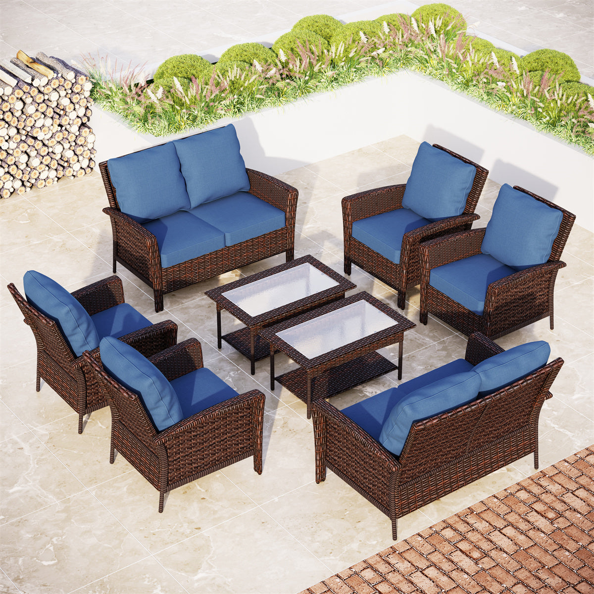 An 8-seat modular wicker sofa set for patio, deck, and balcony. You can place the units according to your scenes and needs.