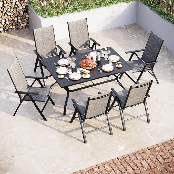 Sophia & William 7PC Steel Panel Rectangle Table & 6 Textilene Reclining Foldable Chairs Patio Outdoor Dining Set
