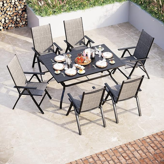 Sophia & William 7PC Steel Panel Rectangle Table & 6 Textilene Reclining Foldable Chairs Patio Outdoor Dining Set