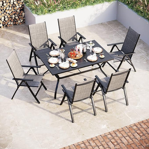 Sophia & William 7PC Steel Panel Rectangle Table & 6 Textilene Reclining Foldable Chairs Patio Outdoor Dining Set