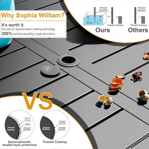 Sophia & William 7PC Steel Panel Rectangle Table & 6 Textilene Reclining Foldable Chairs Patio Outdoor Dining Set