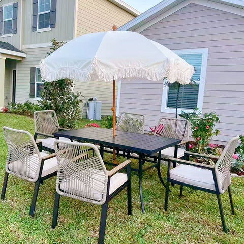 PHI VILLA 7-Piece Outdoor Patio Dining Set with Handcrafted Rattan Rope Chairs