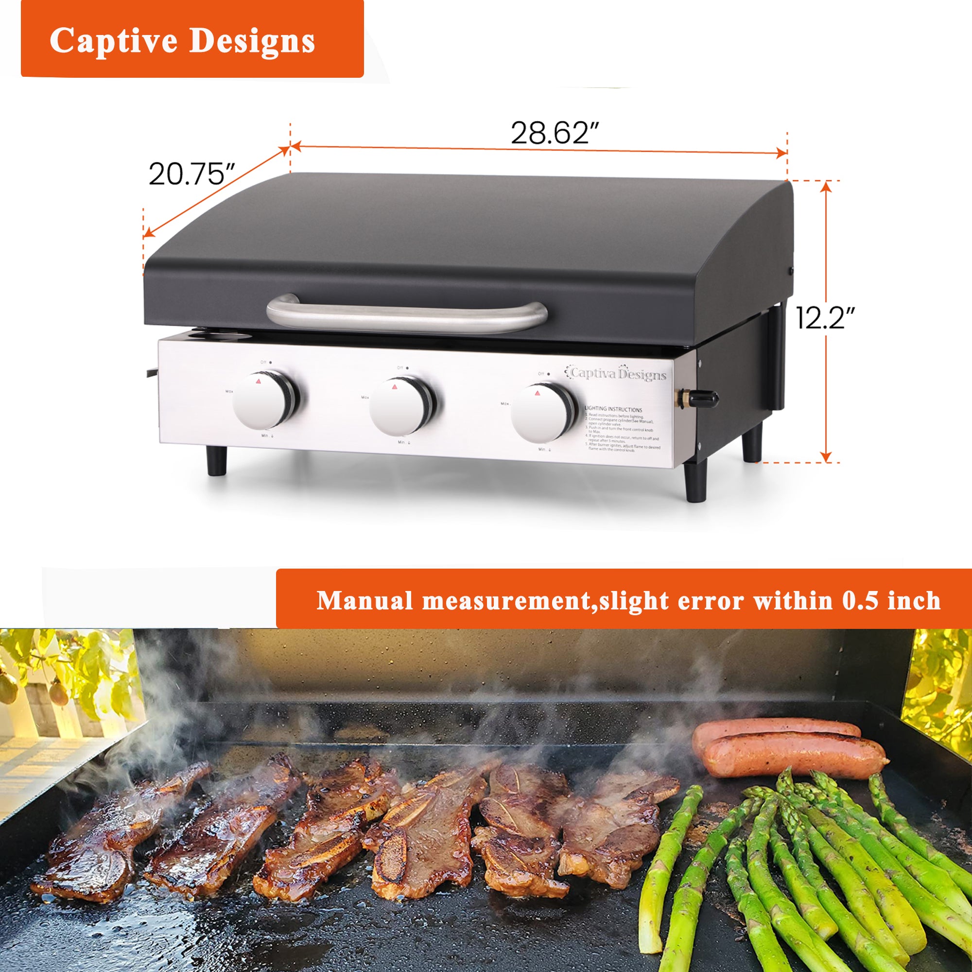 Captiva Designs Griddle & Plate Patio GAS Grill, 3 Burners Griddle