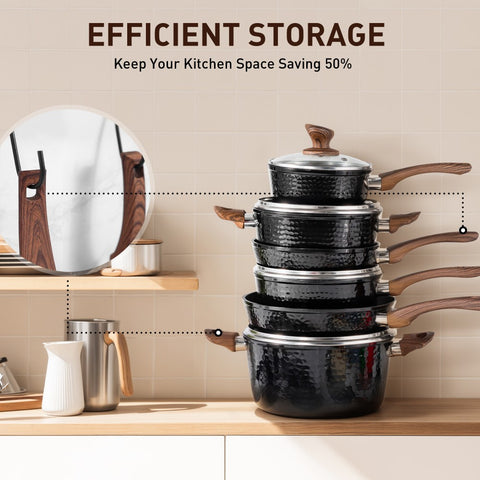 Kitchen Academy 15 Pieces Induction Black Hammered Finish Nonstick Pots and Pans Set