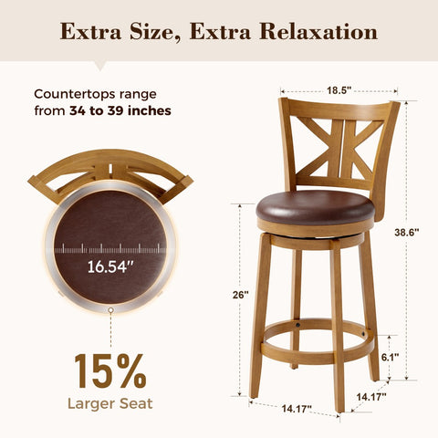 PHI VILLA 360° Swivel Farmhouse Wood Bar Stools with Patented K-Shaped Back