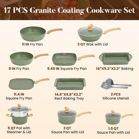 Induction Nonstick Granite-Coating 17 Piece Cookware Set,Kitchen Academy