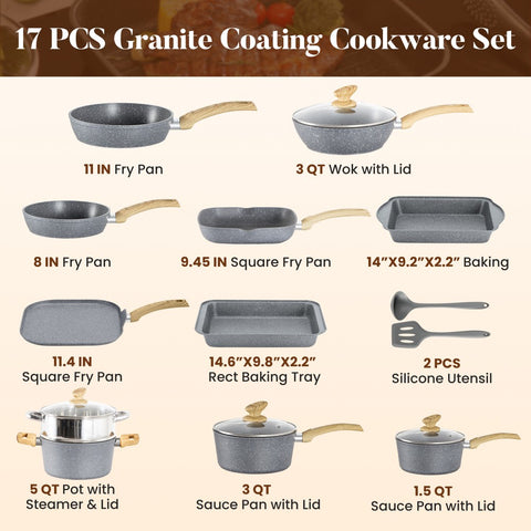 Induction Nonstick Granite-Coating 17 Piece Cookware Set,Kitchen Academy