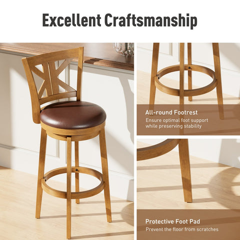PHI VILLA 360° Swivel Farmhouse Wood Bar Stools with Patented K-Shaped Back