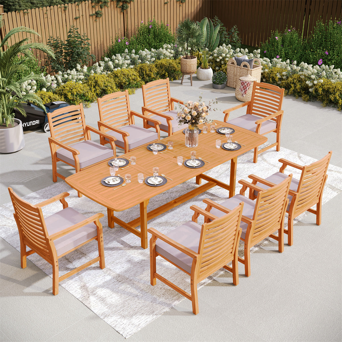 Acacia-wood outdoor dining set of 9 with adjustable table