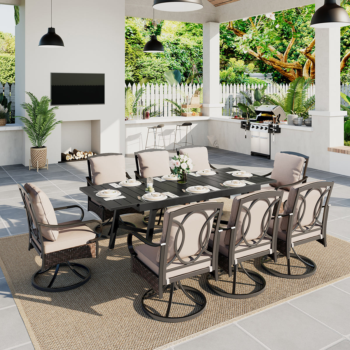 Sophia & William 9/7-Piece Patio Dining Sets Reinforced Extendable Table & Thick-Cushion Swivel Chairs